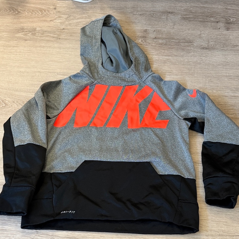 Nike Kids Gray and Black Hoodie with Red Logo